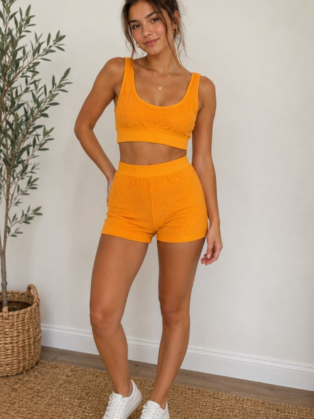 Zara 2 Piece Set Size Xs Terry Cloth Tank Top Shorts Orange Bright Seamless